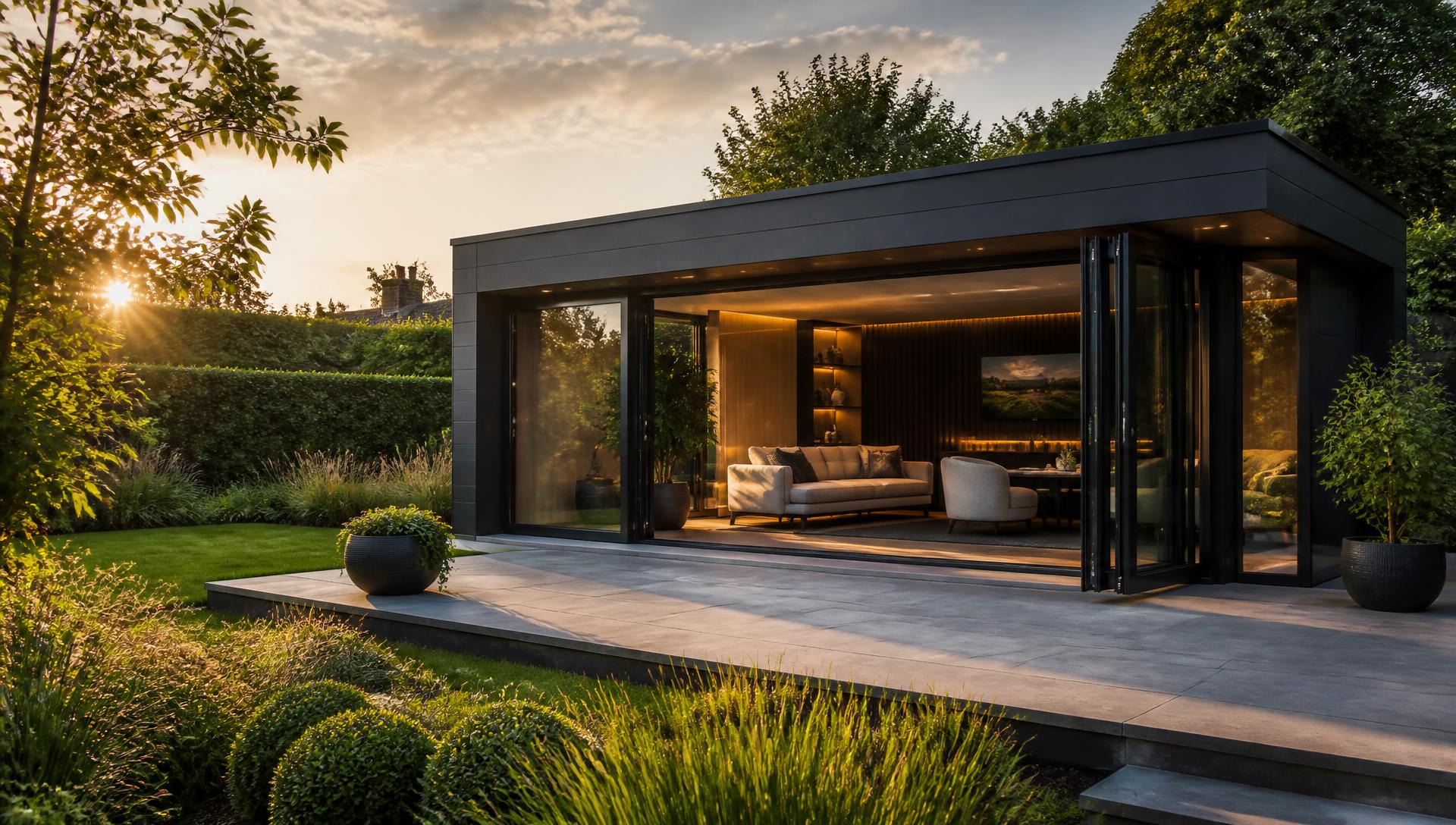 Modern garden room with large glass doors in landscaped garden